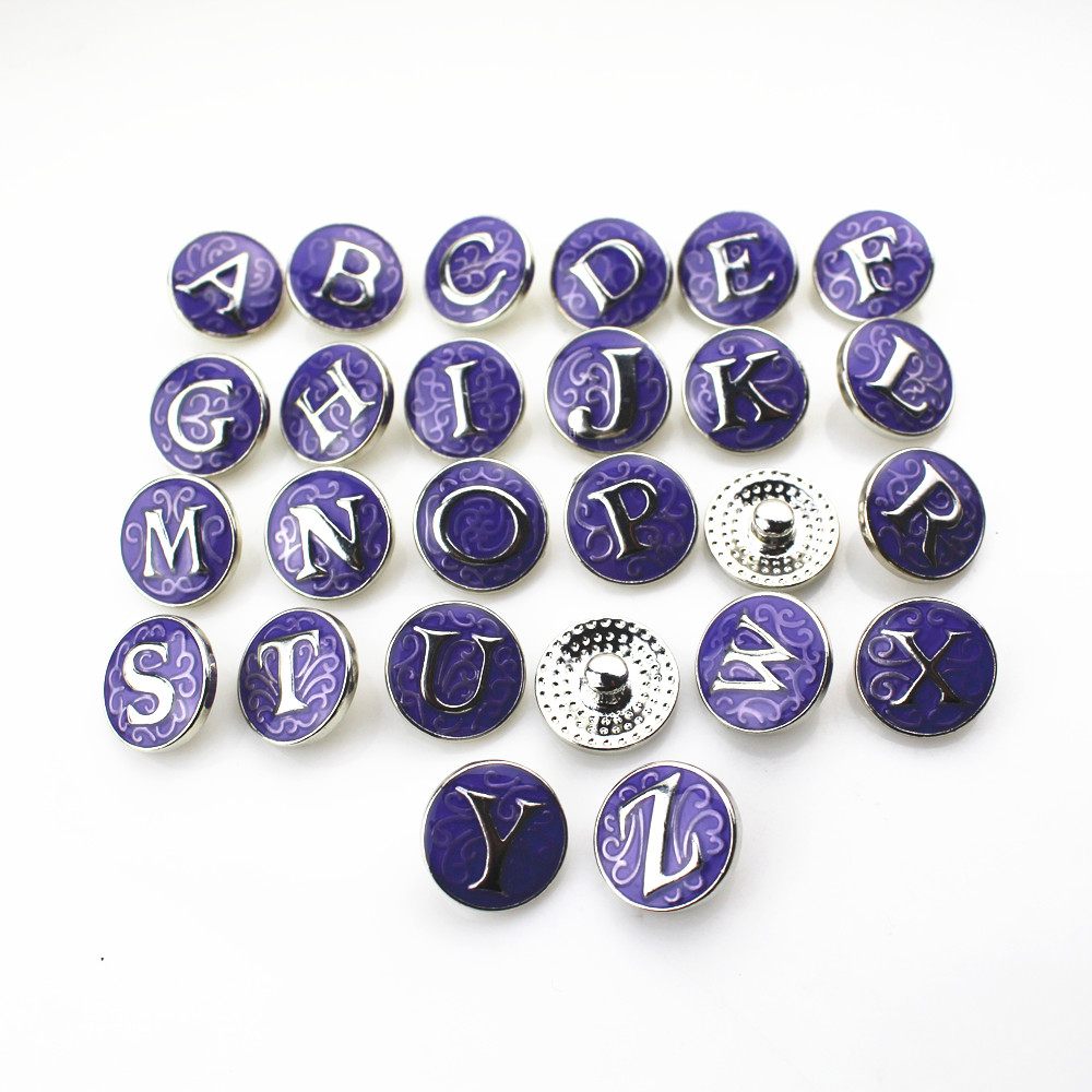 

Hot selling 26pcs/lot Purple Alphabet A-Z Letters Snap Buttons For 18mm Snap Necklace Bracelet&Bangles DIY Snap Jewelry pendant Charms, Golden;silver