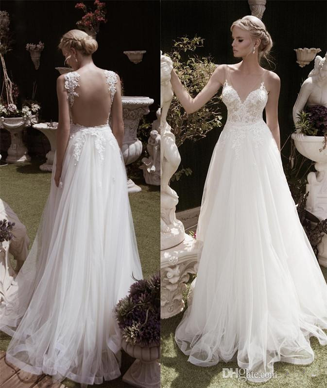 

2020 Lace Wedding Dress V Neck Hollow Back Tulle Bridal Gown Spaghetti Straps A Line Tulle Sweep Train Wedding Dresses, White