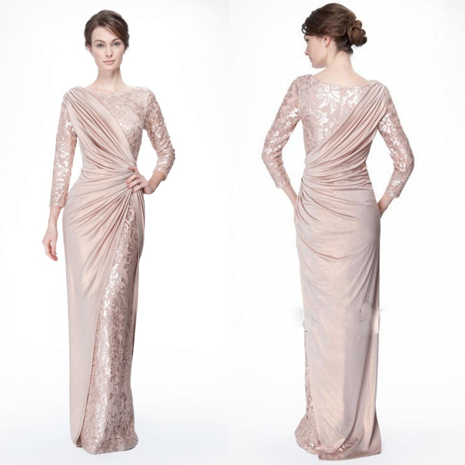 

Long Sleeves Sheath 2019 Mother's Dresses Bateau Lace Ruched Long Chiffon Custom Made Nude Elegant Formal Mother Of the Bride Evening Gowns