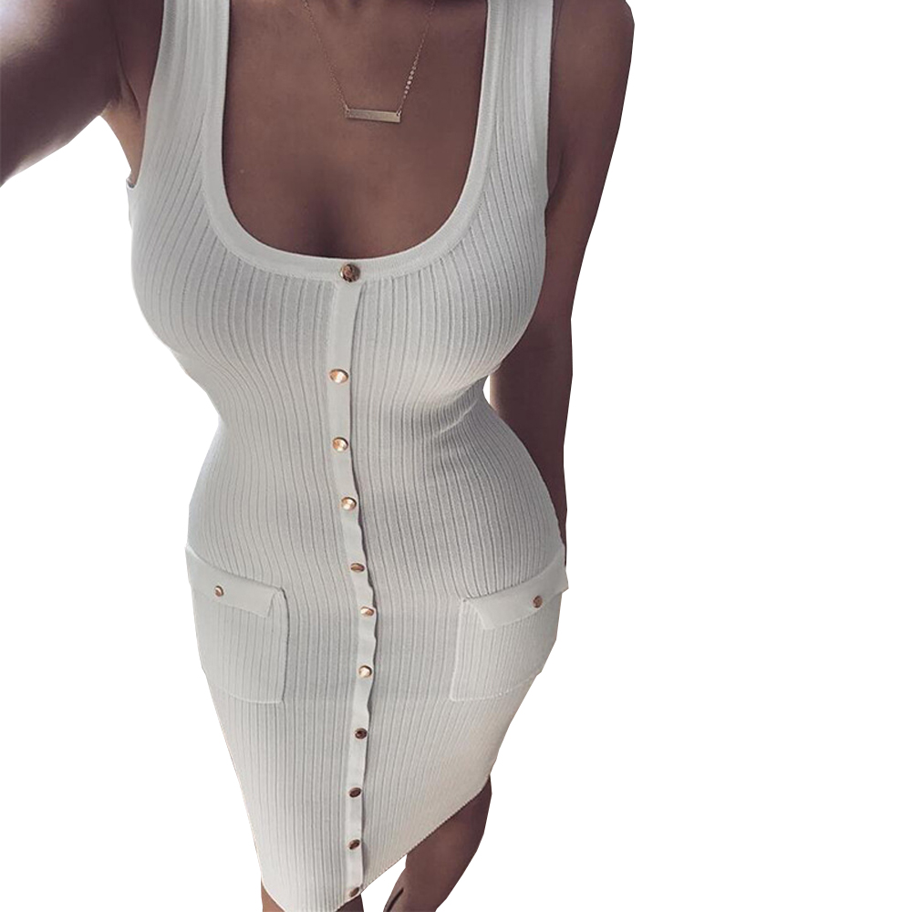 

Preself Sexy Deep U Neck Sleeveless Button Down Front Ribbed Pockests Slim Tank Dress q171118, Pink