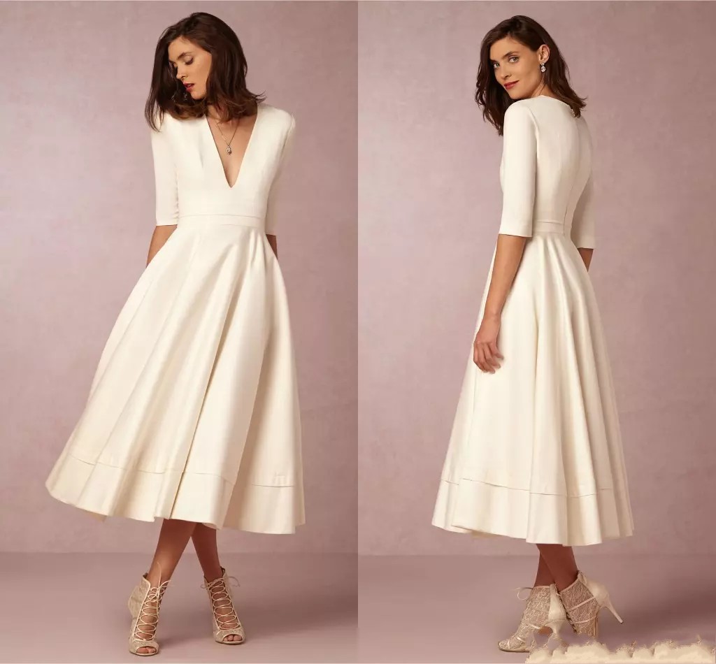 

deep vneck bhdn beach evening dresses half sleeves aline tea length satin evening gowns cheap bridal dresses, Coral