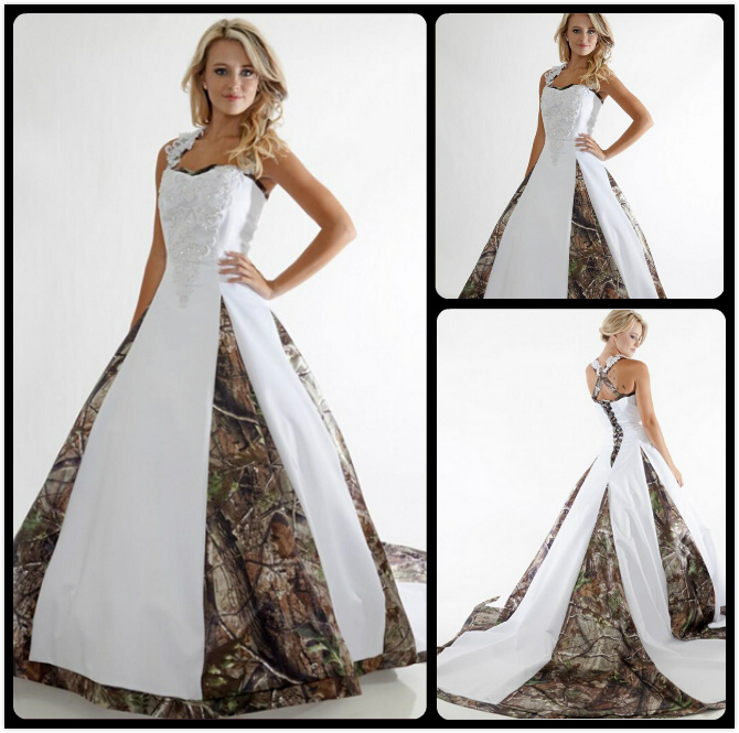 

Simple A Line Camo Wedding Dresses For Women Lace Appliques Criss Cross Back White Camouflage Ball Gown Bridal Gowns Chapel Train Custom Made, White camo a