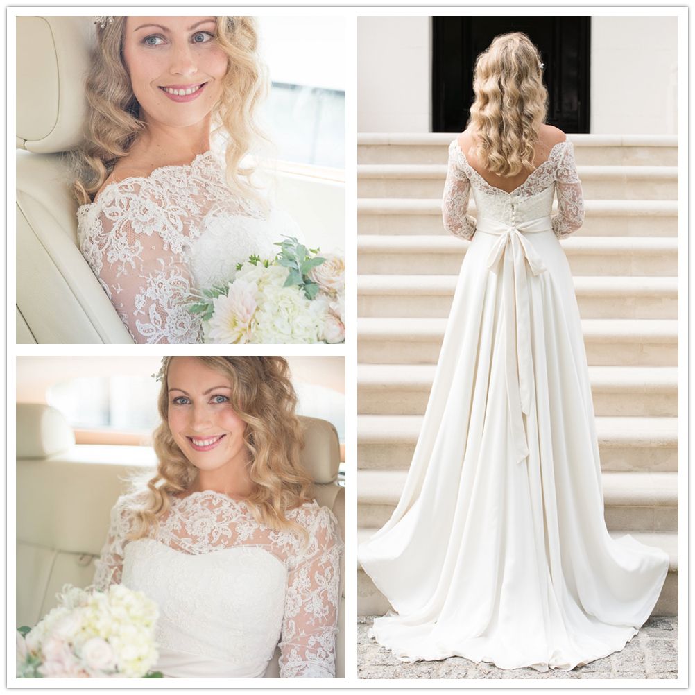 Une robe de mariée ligne réelle 2021 dentelle bohème robe de mariée Vintage hors tension des boutons couverts à dos d'épaule 3/4 manches longues