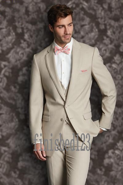 

Custom Made Two Button Beige Groom Tuxedos Notch Lapel Groomsmen Best Man Wedding Prom Dinner Suits (Jacket+Pants+Vest+Tie) G5156, Khaki