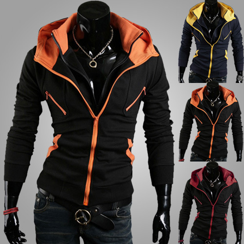 

Men's Autumn and Winter Cotton Zipper Cardigans Slim Jackets Fashion Casual Slim Plus Sizes Patchwork Zipper Cardigans, Orange and black