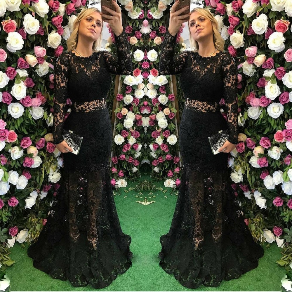 

Lace See Through Evening Gowns Sexy Prom Dresses Charming Mermaid Long Sleeves Special Party Dress Custom Made Women Evening Wear Dress, White