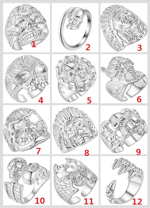 

2018 new Fashion mix 12 style 12pcs Plated 925 Sterling Silver Skull Ring Can be adjusted Opening Ring Top quality Christmas gift