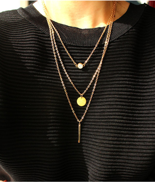 

Chokers Necklaces Women Fashion Vintage Rhinestone Gold Plated Metal Disc/Strap 3-layer Clavicle Chain Necklace Jewelry