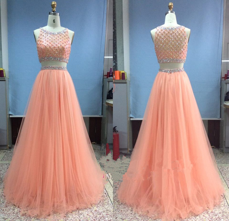 

Two Piece Peach Long Prom Dresses With Beaded Sheer Tulle A Line Custom made Formal Evening Party Pageant Gowns 2016 Vestidos De Fiesta, Light purple