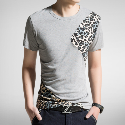 

2015 new summer fashion leopard short sleeve casual t-shirts mens slim fit t shirt cotton o neck tops & tees set free, Black