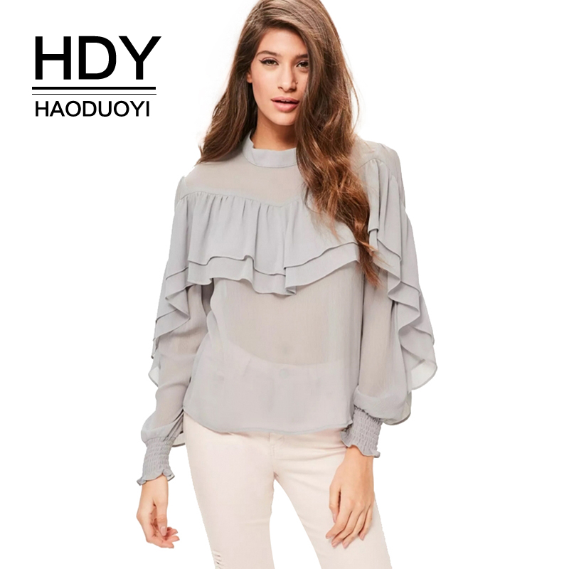 

HDY Haoduoyi New Fashion Chiffon Blouse Gray Ruffle Frill Women Tops Falbala Lantern Sleeve Shirt Ladies Elegant Sheer Blouses q1109