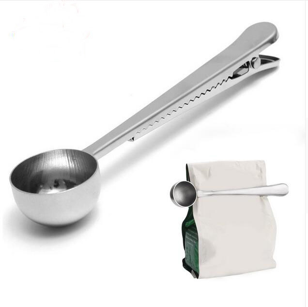 Cuchara de caf/é de acero inoxidable con bolsa de sellado Clip Caf/é perfecto Cuchara dosificadora Cuchara de plata Herramienta para el hogar