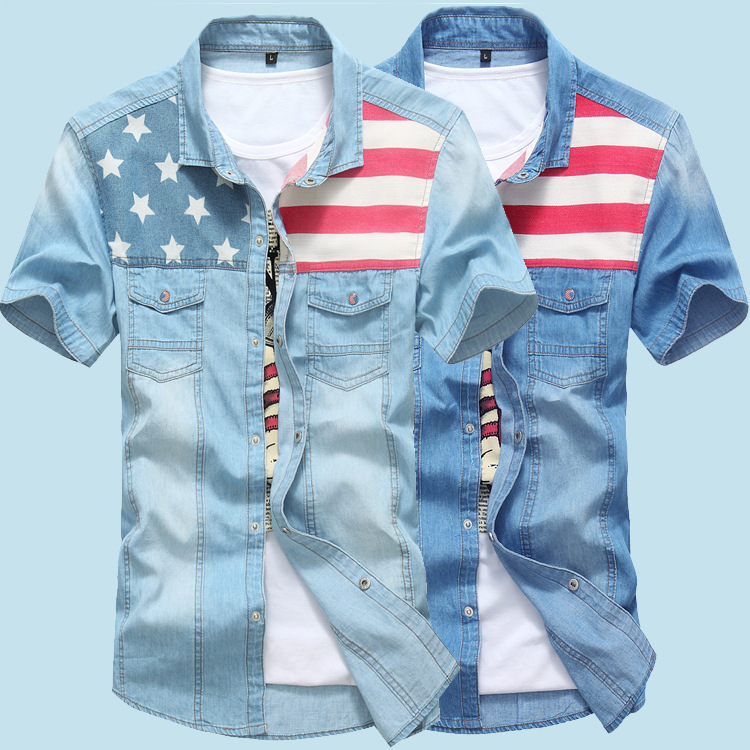 New Men/'s Casual Fashion Slim Stylish Short Sleeve Denim Washed Shirts