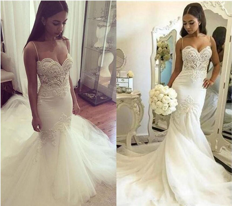 

Sexy Formal Plus Size Mermaid Wedding Dresses Spaghetti Straps Lace Appliques Pearls Tulle Backless Long Court Train Bridal Gowns, Gold