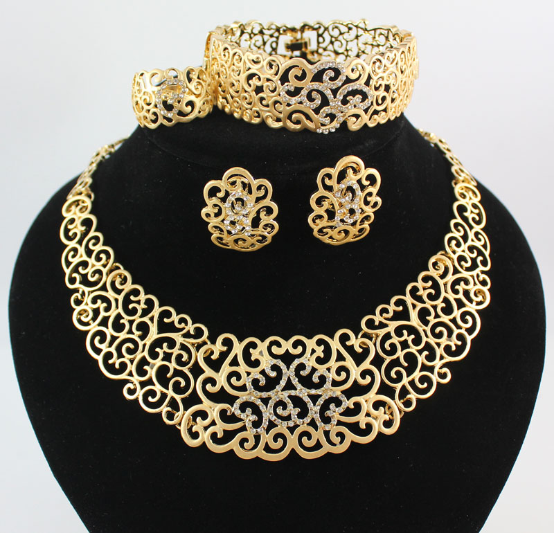 

Necklace Bracelet Earring Rings African Jewelry Sets Fashion 18K Gold Plated Flower Rhinestone Wedding Party Set, Golden