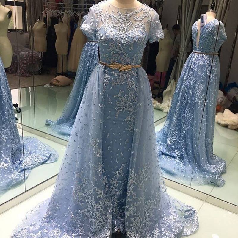 

Light Sky Blue Lace Overskirt Evening Dresses With Short Sleeves Sheer Bateau Neck A Line Prom Gowns Sweep Train Tulle Formal Dress, Fuchsia