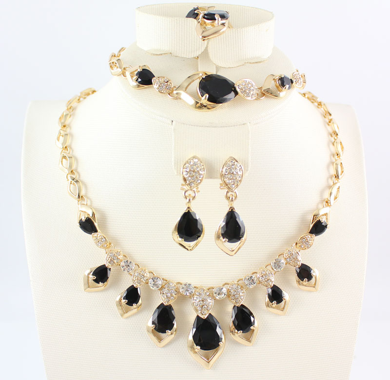 

Jewelry Sets 18K Gold Plated Gem Crystal Pendant Necklace Earring Bracelet Rings Bride And Bridesmaids Party Set, Red