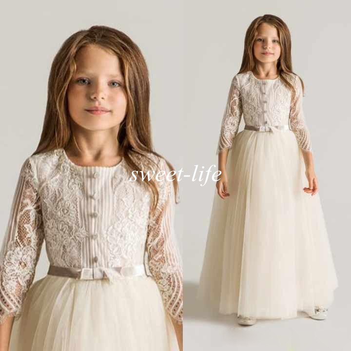 

Latest Crew Lace Tulle Flower Girls Dresses For Wedding Long Sleeves Appliques Ruched 2020 First Communion Kids Gowns Top Quality, Purple