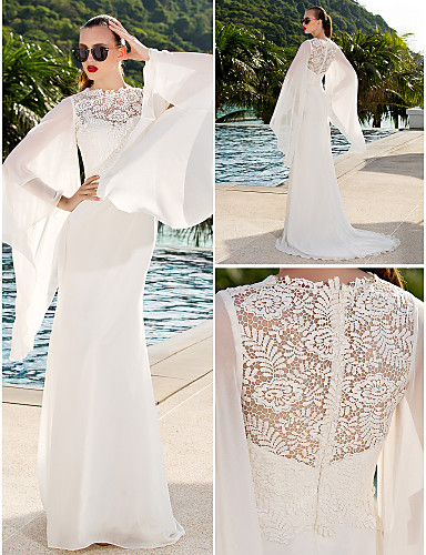 

2016 New Hot Sale Fashion Trumpet/Mermaid Ivory Sweep/Brush Train Scoop Long Bell Sleeve Chiffon Lace Beach Wedding Dresses 229