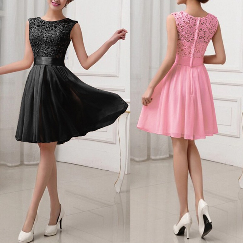 Wholesale-Sexy Women Lace Chiffon Dress Sleeveless O-neck Knee Length Solid Dress S M L XL XXL