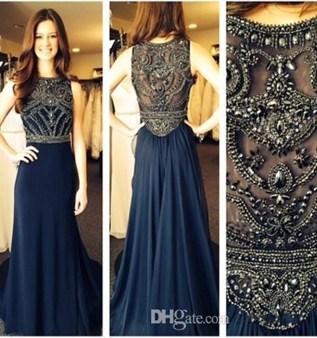 

Robe De Soiree Evening Dresses Sleeveless Jewel Neck Navy Blue Chiffon Crystals Prom Dresses Arabic Evening Gowns 2019 African Gown