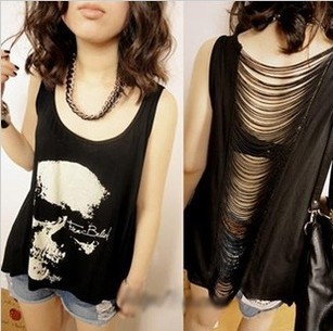 

New 2014 Fashion Tank & Tees Tops Womens Clothing Loose Casual Skull Printed Tassel Sleeveless Sexy Backless Vest T-shirts, Black