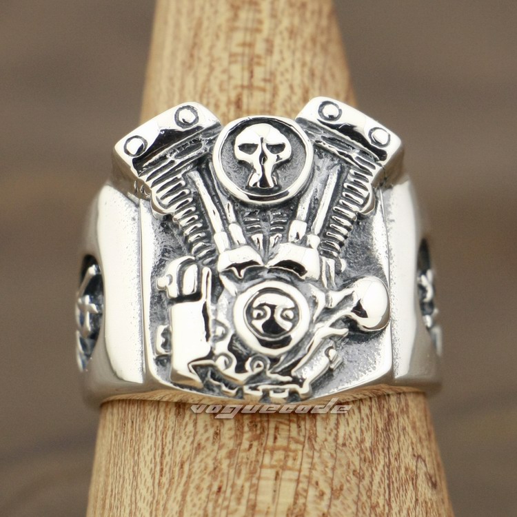 

V2 Skull Motorcycle Engine 925 Sterling Silver Mens Biker Ring 8Y009 US Size 8~14 Free Shipping