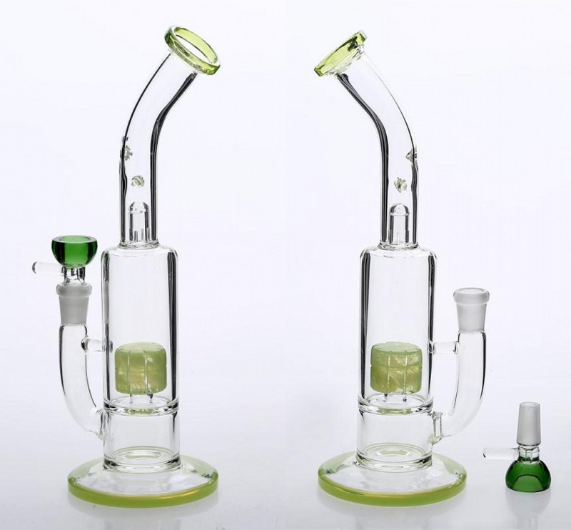 

Hookahs Fluorescent Green Glass Bongs in stock 28cm Bowl Joint Size 14.4mm Dab Rigs Tire Perc Arm Tree Oil Rigs Glass Bongs