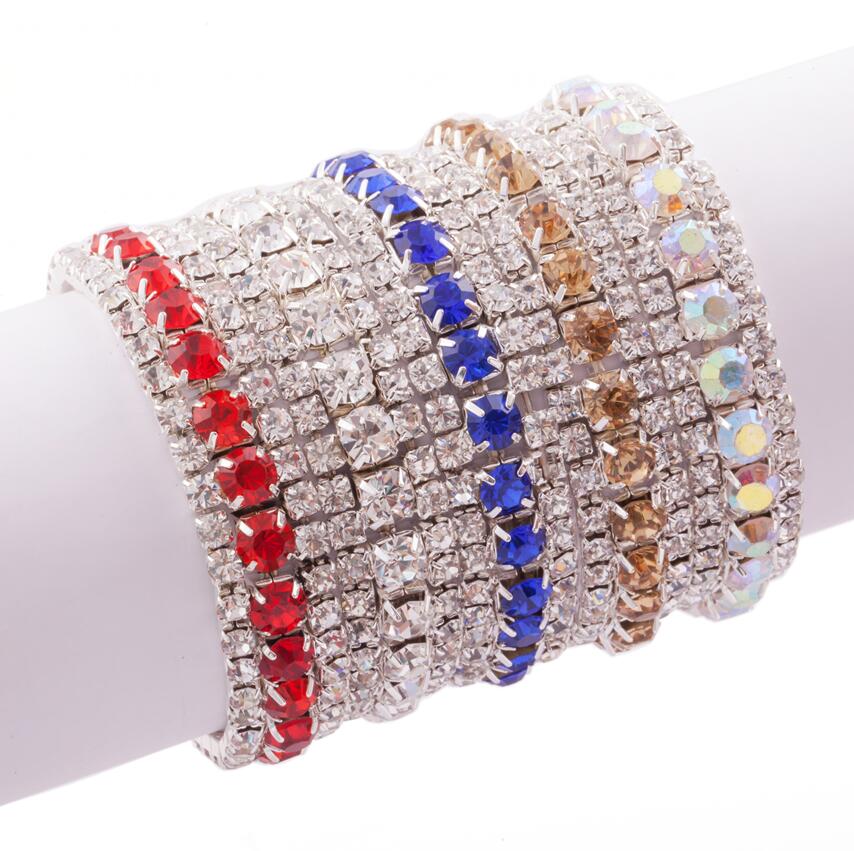 

New 10 Colors Fashion Women 3-Row Rhinestone Crystal Trims Tennis Spring Bracelets 6inches Jewelry