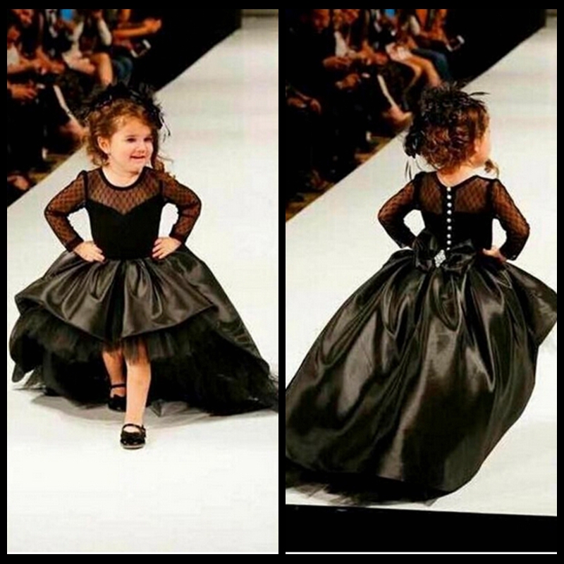 

2016 Ball Gown Flower Girl Dresses With Long Sleeves Pearls Jewel Little Girls Party Dress Pageant Gowns Black Satin High Low, Fuchsia