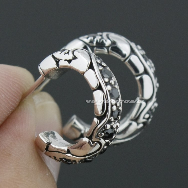 

925 Sterling Silver Black CZ Mens Biker Rocker Earring 8M016