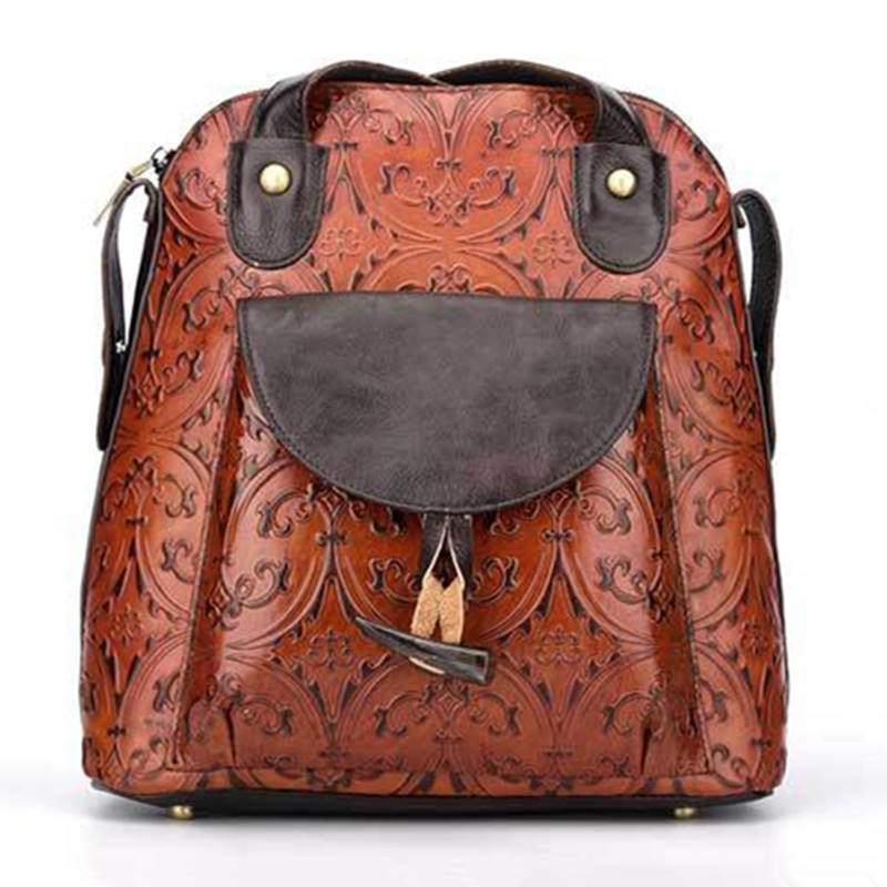 

Retro flowers woman backpack 100% genuine cow leather high quality female shoulder duffel embossed bag girl school travel Laptop bags, Brown