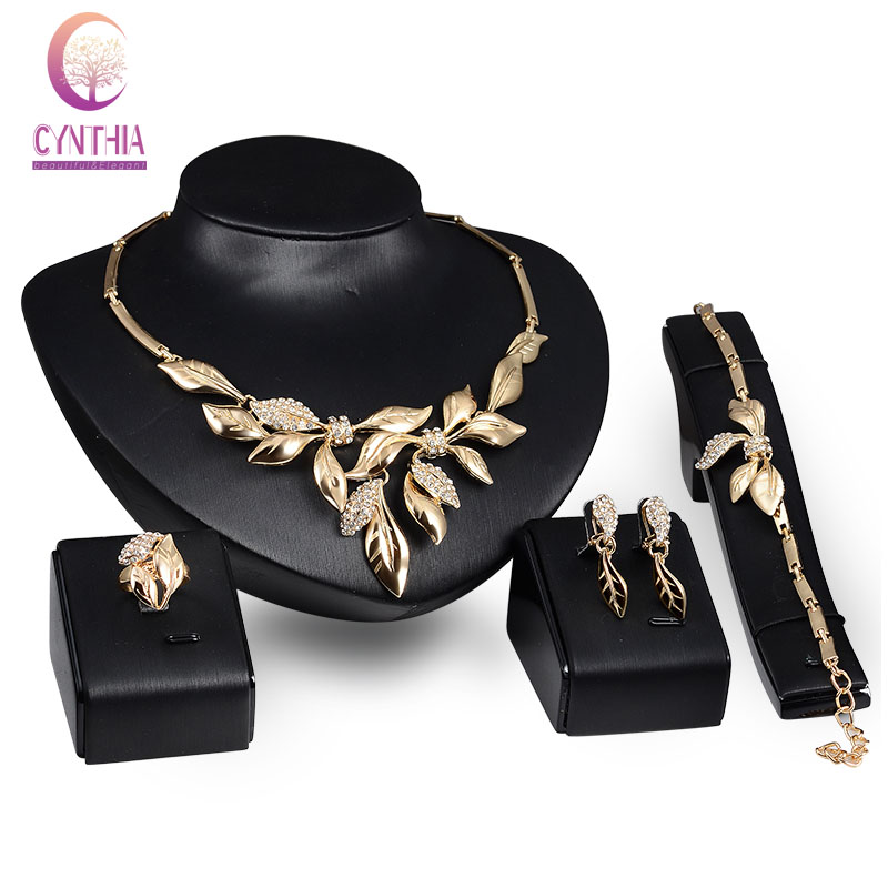 

New Design Top Quality 18k Gold Plated Crystal Leaves Necklace Earrings Bracelet Ring Sets Wedding Party Gift Bridal Costume African Jewelry, Golden