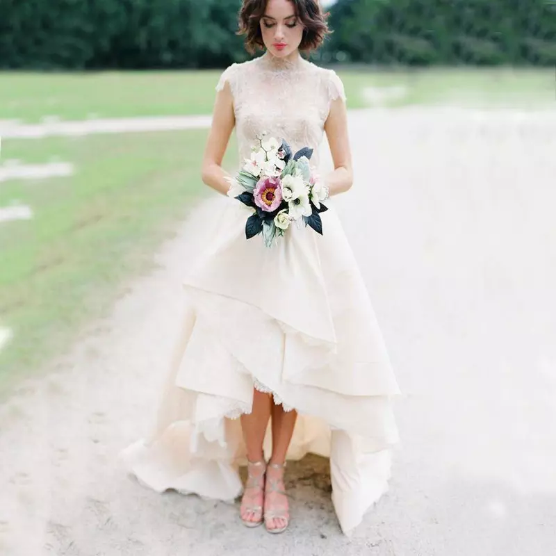 

High Low Hem Lace Country Wedding Dresses Top Lace High Neck Cap Sleeves Bridal Wedding Gown Front Short Back Long Garden Wedding Dress, Black