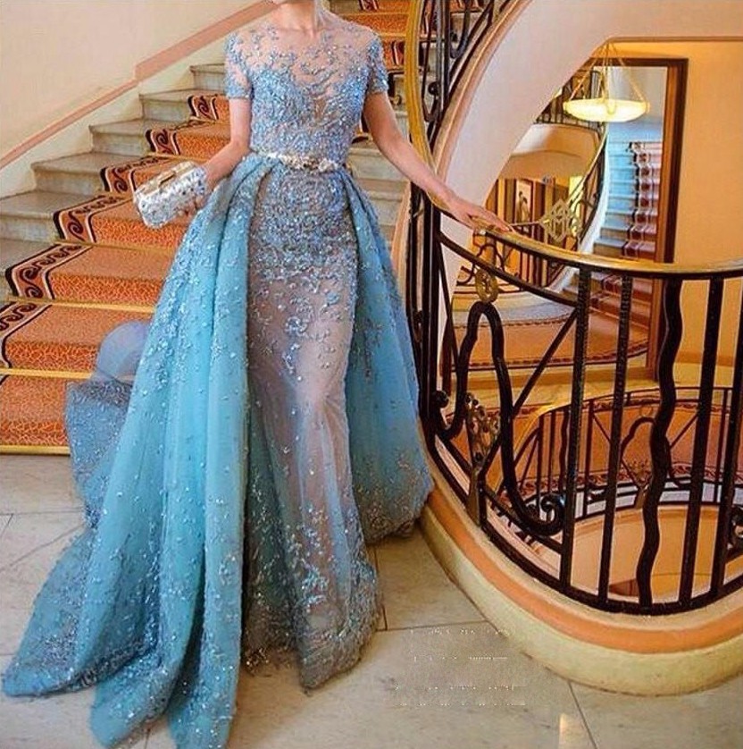 

Zuhair Murad Light Sky Blue Evening Dress Fashion Design Lace Appliques Short Sleeve Overskirts Evening Gowns 2017 Charming Prom Party Gowns, Purple