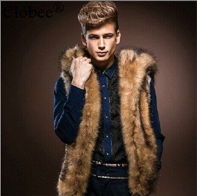 Wholesale- 2017 New Style Sleeveless Hooded Design Casual Thick Warm Men's Faux Fur Vest Fashion Winter High Street Fur Coat 6XL 5XL V620