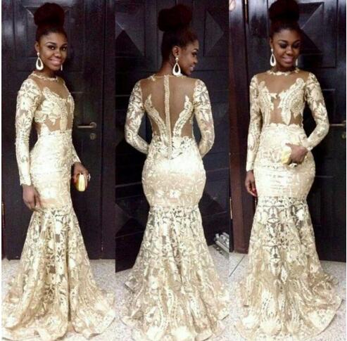 

South African Style Evening Dresses Lace Champagne Sheer Neck Long Sleeve Mermaid Prom Dresses For Woman Plus Size Formal Party Dresses, Black