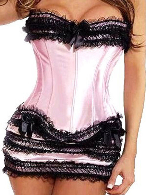 

Elegant Women Strapless Pink & Black Burlesque Corset Basque Dress and Skirt