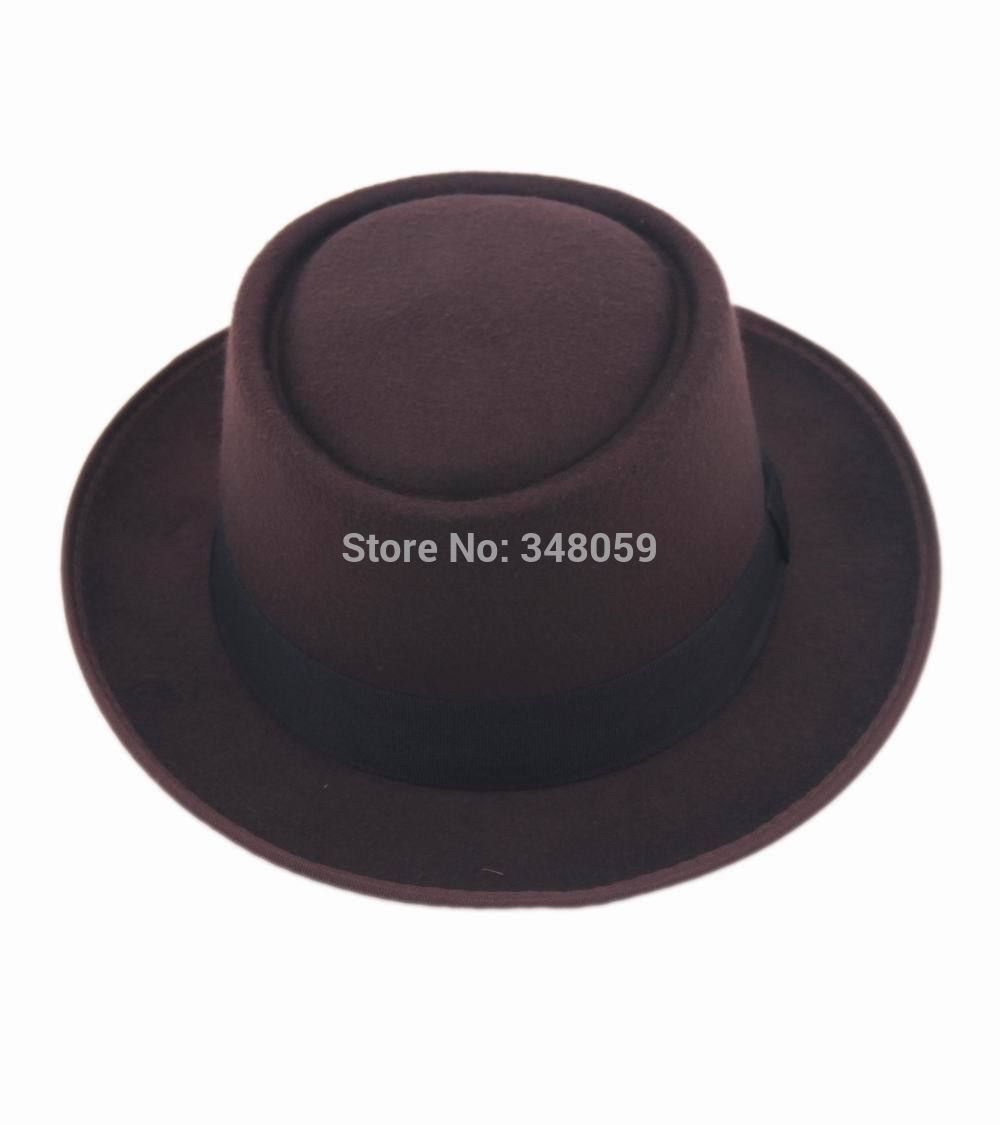 

Whole-2015 Fashion Men Classic Felt Pork Pie Porkpie Fedora Hat Chapea Cap Upturn Masculino Black Ribbon Band Panama Hats Free6455110