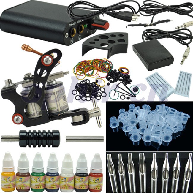 Vente en gros-OPHIR 269pcs / set Kit de tatouage chine Gun 7Colors Encre de tatouage Pigment Induction Machine de tatouage pour débutant corps
