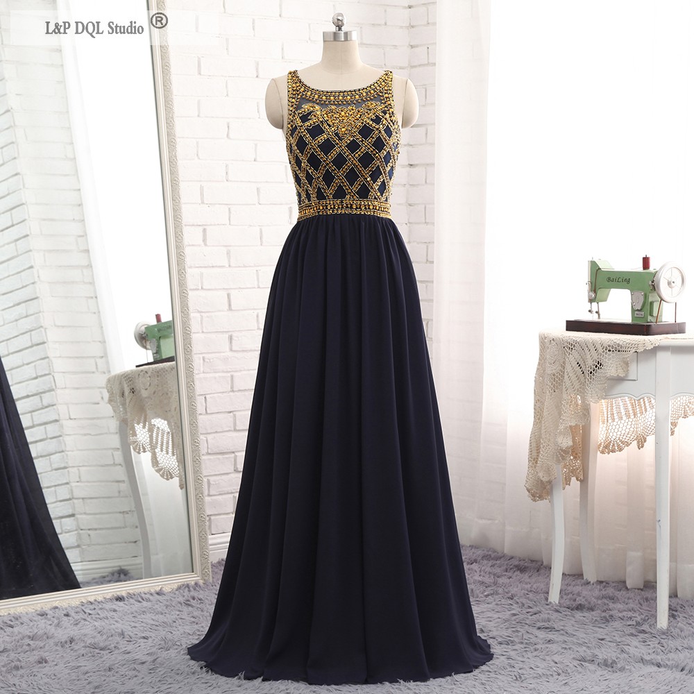 

Eye Catching Evening Dresses Dark Navy Chiffon with gold Beads Sequins Illusion Sheer Side Zipper Sweep Train Pageant Gowns, Same as picture