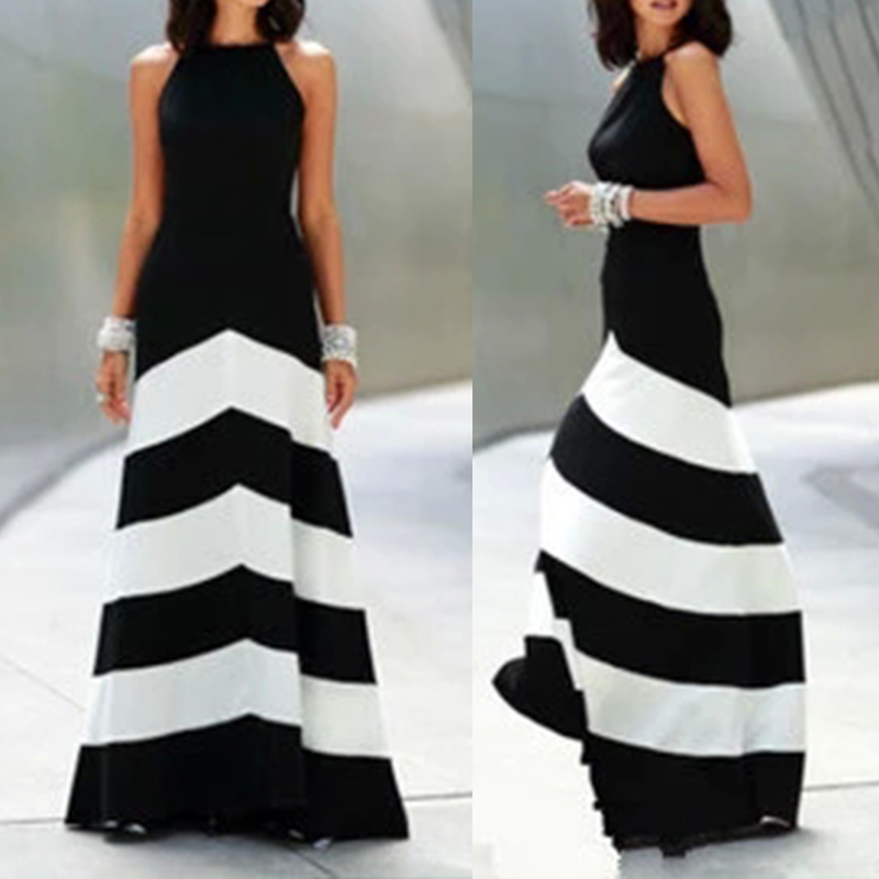 

Wholesale-Summer style O-neck Sleeveless Fashion Black and white stripes Splice Sexy long maxi party dress vestidos Free shipping