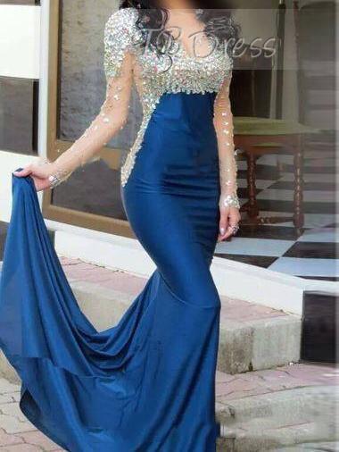 

2016 Hot Sale Fashion New Arrival Charming Free Shipping Long Sleeve Round Neck Mermaid Beaded Crystal Court Train Evening Dresses 1017, Same as picture