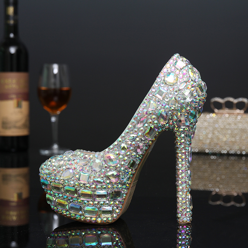 

New Arrived Fashion AB Crystal High Heels Bridal Wedding Dress Shoes Rhinestone Round Toe Woman Party Proms Free Shipping, Ab color crystal