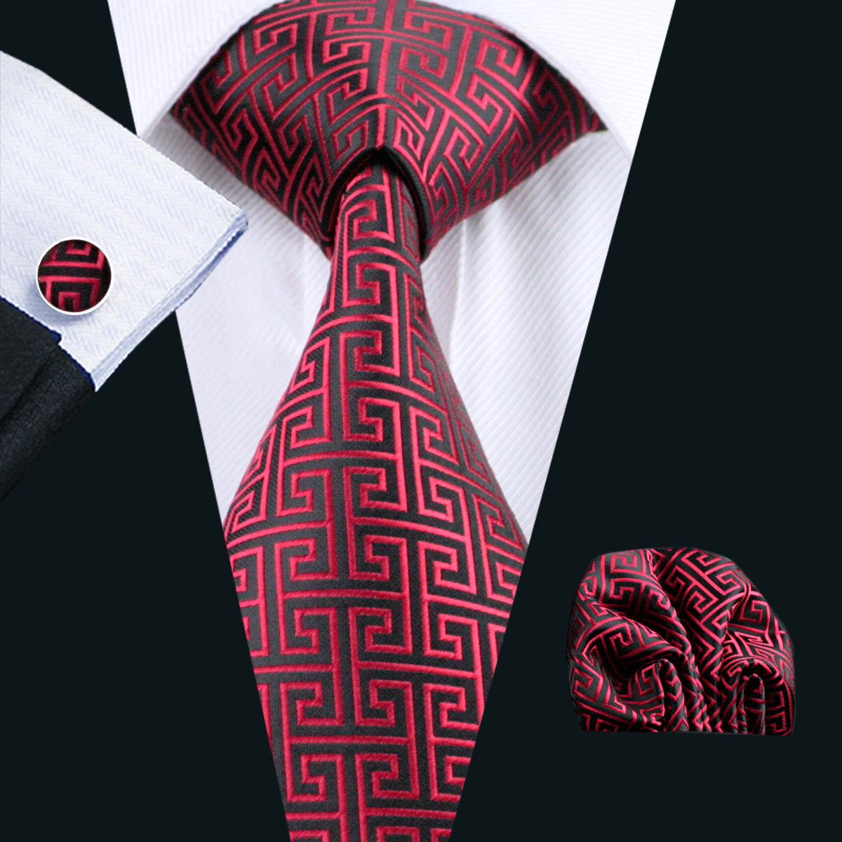 

Classic Red Black Tie Set Hanky Cufflinks Jacquard Woven Mens Tie Set Business Work Formal N-0554, Black;blue