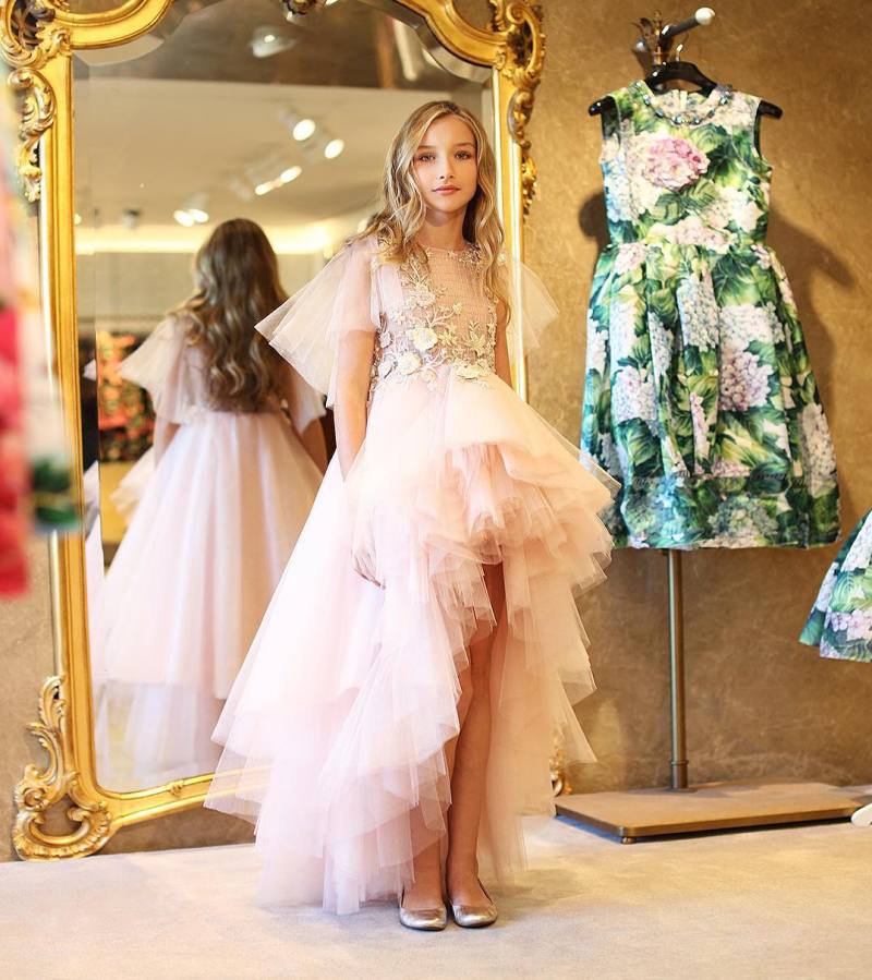 

Pink High Low Little Girls Pageant Dresses 3D Appliqued A Line Tiered Flower Girl Dress Tulle Beaded First Communion Gowns, Blue