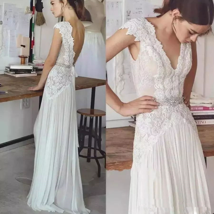 

Bohemia Long Lace Wedding Dresses With Sash Backless Beach Wedding Gown Sexy Deep V Neck Floor Length Bridal Dresses Vestidos, Ivory