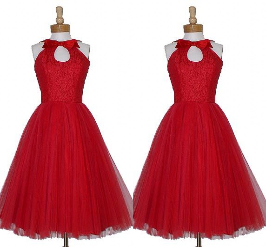 

Red Elegant Knee Length Bridesmaid Dress Keyhole Neck Custom Made Plus Size A Line Bow Vintage 1905's Short Bridesmaid Dresses