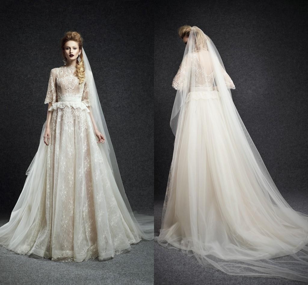 

2019 ivory Wedding Dresses Collection Ersa Atelier Vintage Princess Style Jewel 1/2 Sleeves Natural Waist Low Zipper Back Lace Organza Gown, Black & white