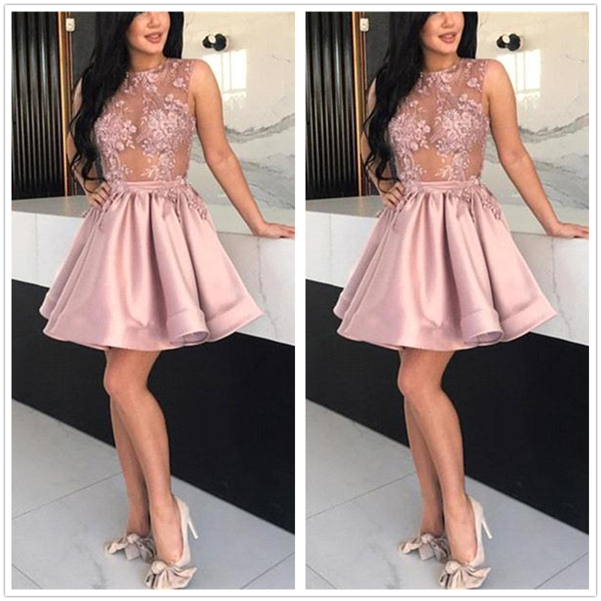 

2018 New Sheer Tulle Satin A Line Cocktail Dresses Lace Applique Knee Length Short Prom Party Homecoming Dresses, White